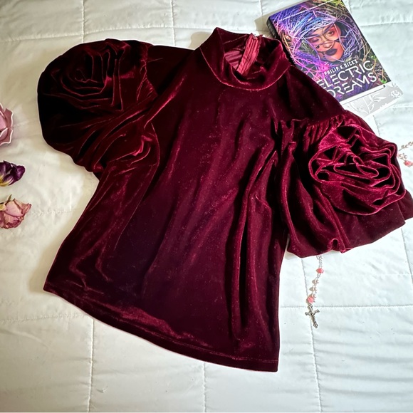 Velvet “Wrapped in Roses” Wine Red Top - Picture 2 of 7
